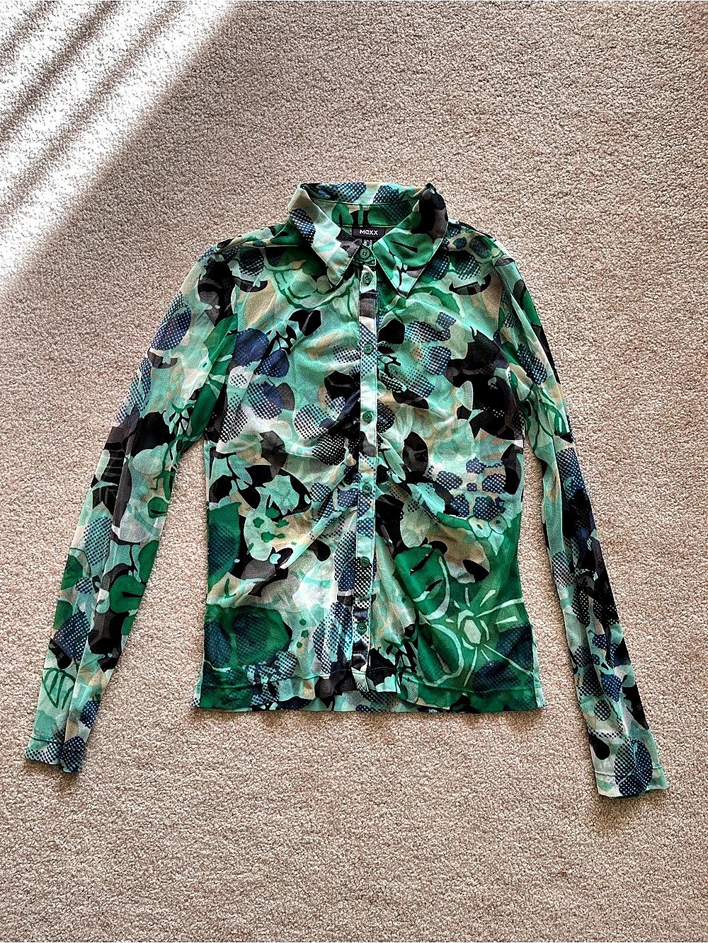 Mexx Sheer Abstract Y2K Button Down Shirt, Green, Blue, Long Sleeve, Medium